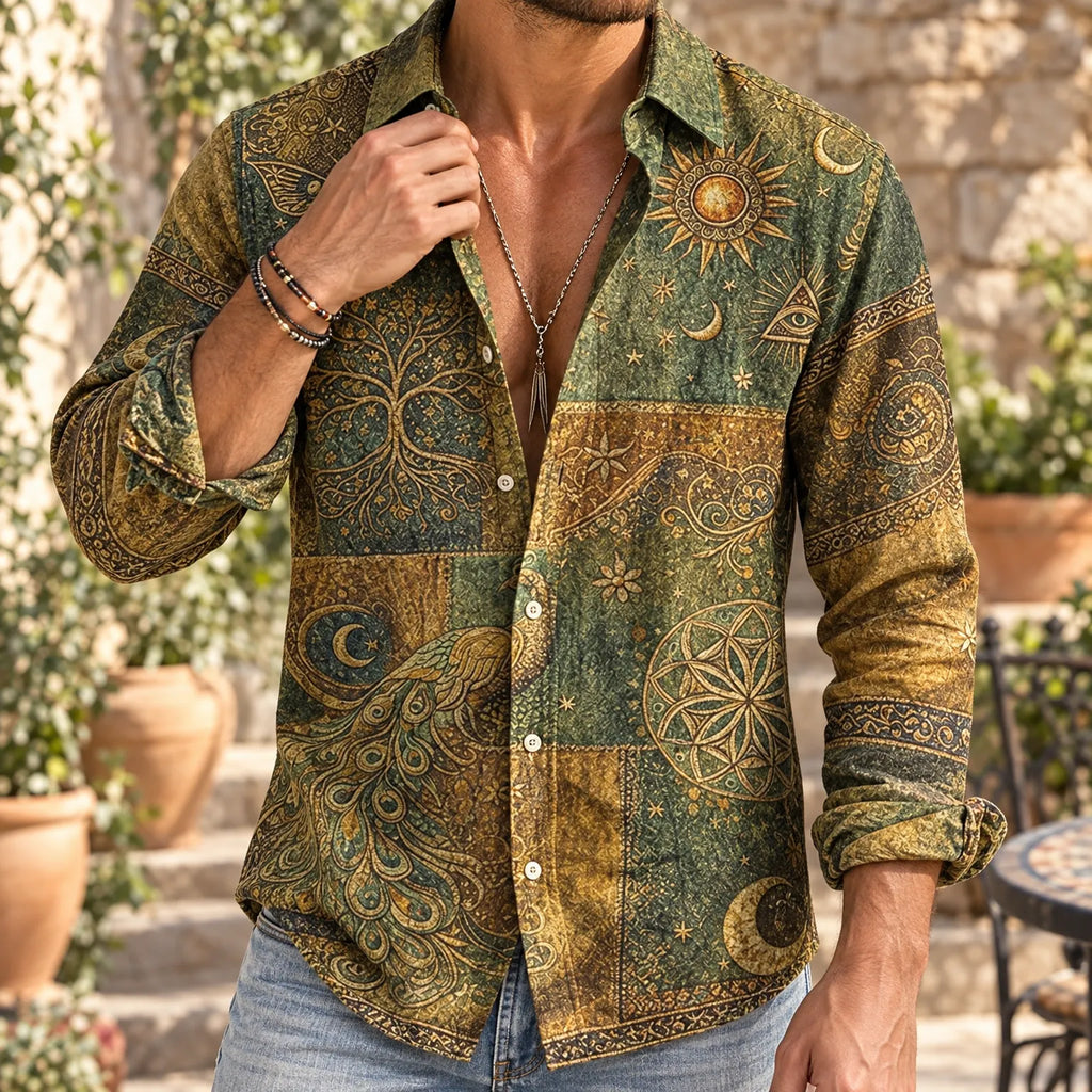 Peacora  - Peacock And Celestial Print Long Sleeve Mens Shirt Casual Weekend Wear