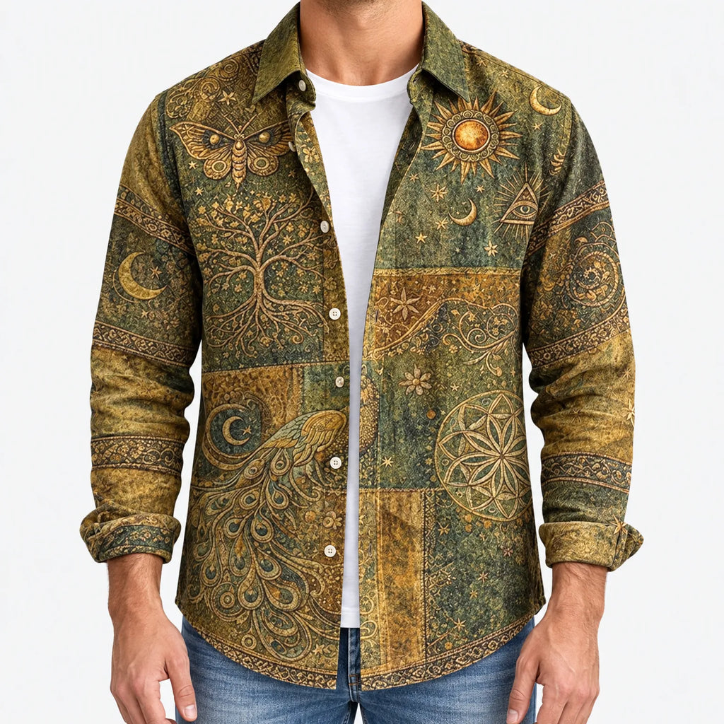 Peacora  - Peacock And Celestial Print Long Sleeve Mens Shirt Casual Weekend Wear