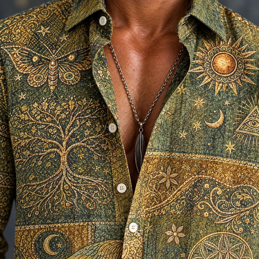 Peacora  - Peacock And Celestial Print Long Sleeve Mens Shirt Casual Weekend Wear