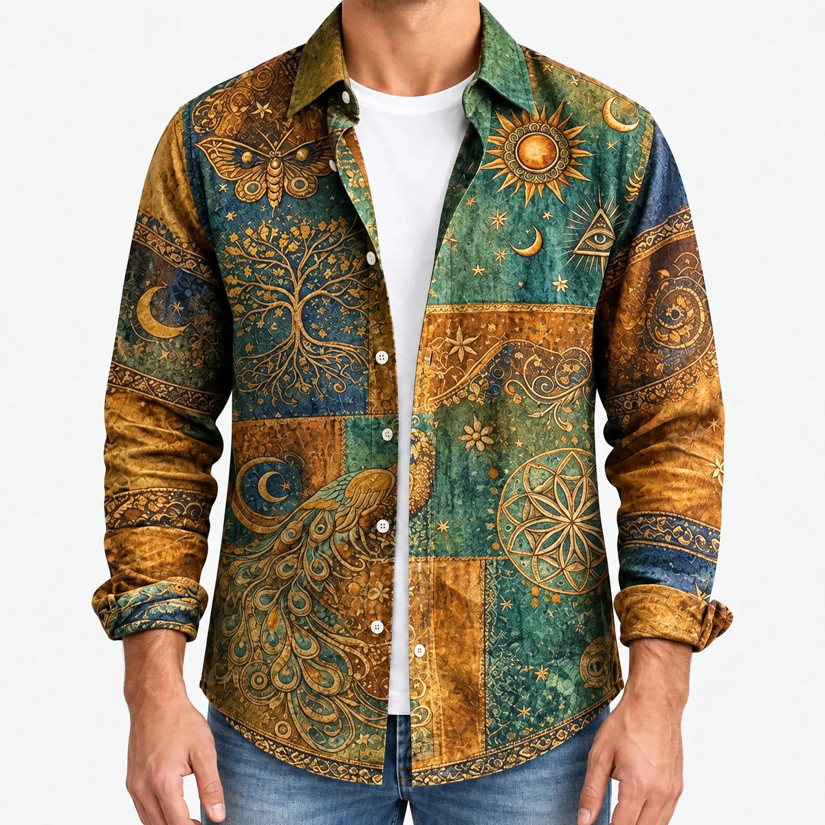 Peacora  - Peacock And Celestial Print Long Sleeve Mens Shirt Casual Weekend Wear