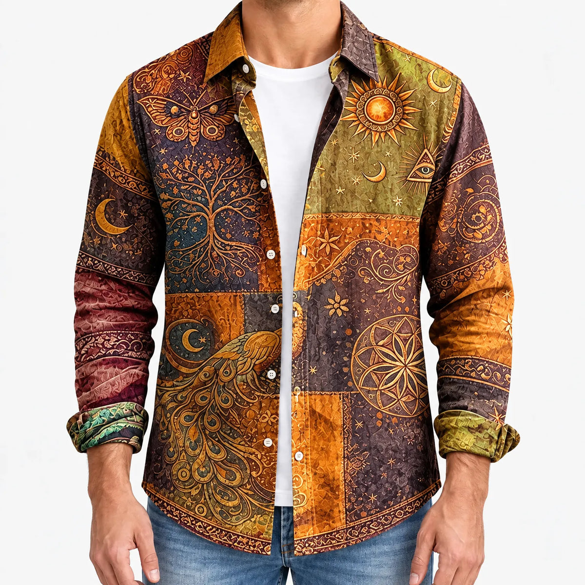 Peacora  - Peacock And Celestial Print Long Sleeve Mens Shirt Casual Weekend Wear
