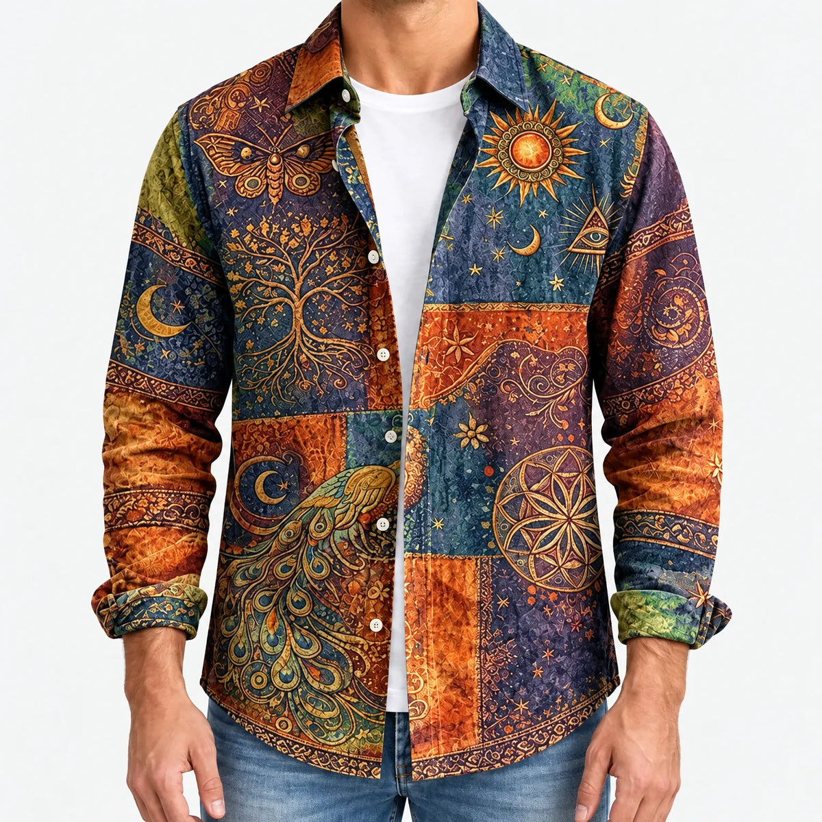 Peacora  - Peacock And Celestial Print Long Sleeve Mens Shirt Casual Weekend Wear