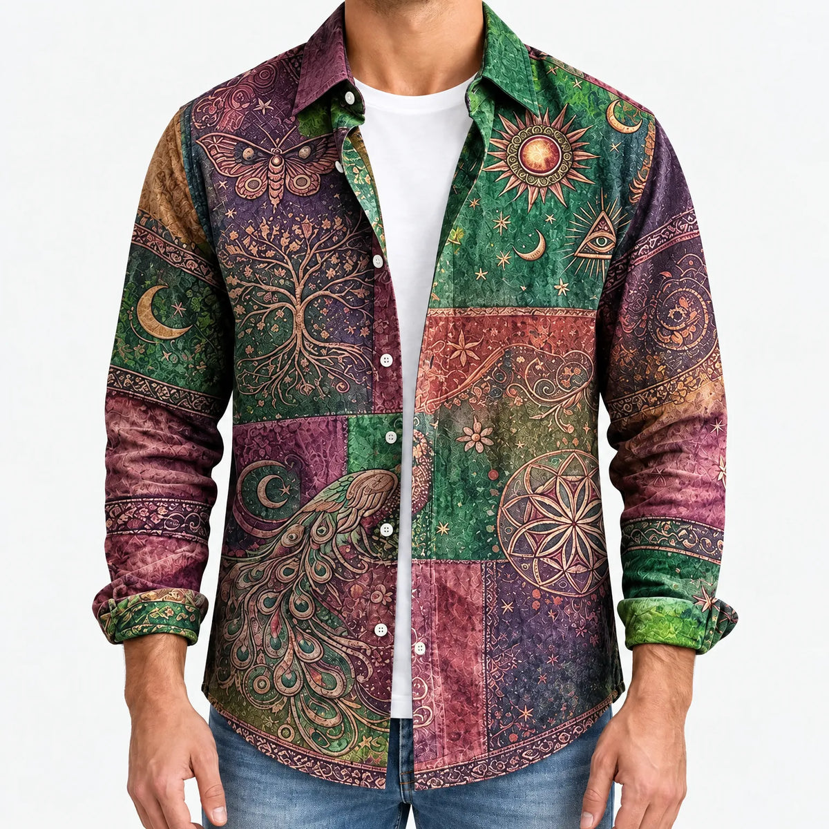 Peacora  - Peacock And Celestial Print Long Sleeve Mens Shirt Casual Weekend Wear